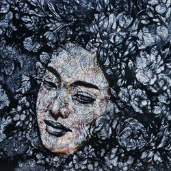 Embrace of Loneliness II,'Stretched Acrylic Painting of Woman with Floral Background'