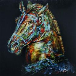 Horse in Black Scene,'Stretched Acrylic Painting of Horse on Black Background'