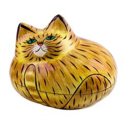 Comfy Cat,'Brown Papier Mache Cat Decorative Box from India'