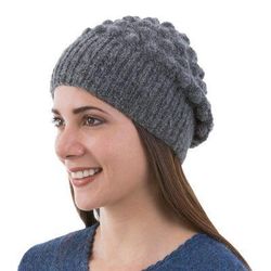 Grey Bubbles,'Grey Alpaca Hat Original Design Knit by Hand in Peru'