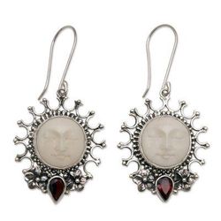 Sunny Soul,'Handcrafted Sun-Themed Garnet Dangle Earrings from Bali'