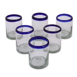 'Set of 6 Blue-Rimmed Handblown Recycled Glass Juice Glasses'