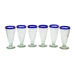 'Bohemia' (set of 6) - Artisan Crafted Recycled Handblown Blue Rim Beer Glasses