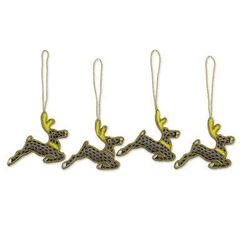 Prancing Reindeer,'Embroidered Reindeer Ornaments from India (Set of 4)'