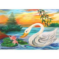 Sarasvati Lake,'Oil on Canvas Swan Painting'