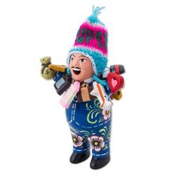 Ekeko of Abundance in Blue,'Blue Painted Ekeko Sculpture with Wool Cap from Peru'