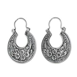 Lanna Flower,'Floral Sterling Silver Hoop Earrings from Thailand'