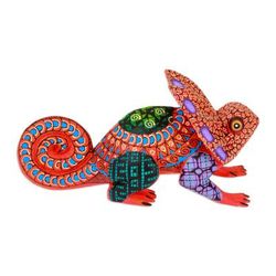 Chameleonic Strawberry,'Painted Strawberry Copal Wood Chameleon Alebrije Figurine'