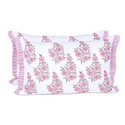 Cheerful Flowers,'2 Pink and White Floral Block Print Cotton Cushion Covers'