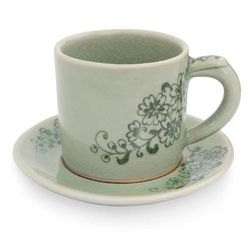 Celadon ceramic demitasse cup and saucer, 'Jade Blossoms'
