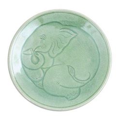Sleeping Elephant,'Elephant Motif Handcrafted Thai Celadon Dessert Plate'