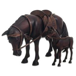 Equine Family,'Hand Carved Horse Family Sculpture (Pair) from Peru'