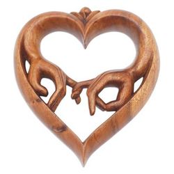 'Hand-Carved Heart-Shaped Brown Suar Wood Relief Panel'
