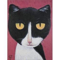 Bat Man Cat,'Signed Naif Painting of a Cat from Thailand'