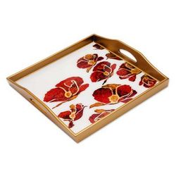 Gleaming Poppies in White,'Reverse Painted Glass Tray with Poppy Motifs from Peru'