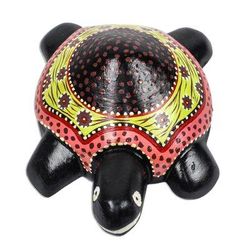 Slowly,'Hand-Painted Floral Wood Turtle Sculpture from Ghana'