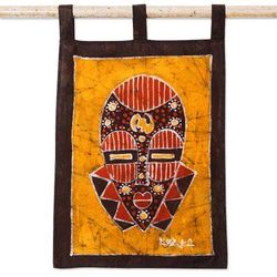 Golden Silence,'Cotton Wall Hanging of African Mask in a Warm Palette'