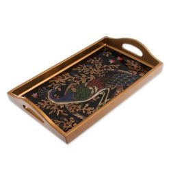 'Handcrafted Colorful Peacock Reverse-Painted Glass Tray'