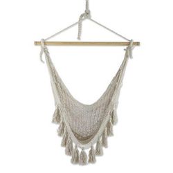Ocean Seat in Ivory,'Tasseled Beige Cotton Rope Mayan Hammock Swing from Mexico'