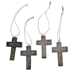 Jubilant Cross,'Mahogany Wood Hand Painted Cross Ornaments (Set of 4)'