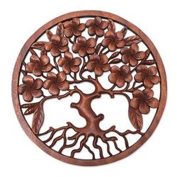 Fertility Leaves,'Brown Suar Wood Leafy Relief Panel Handcrafted in Bali'