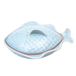Fish Dish in Aqua,'Aqua Celadon Ceramic Fish-Shaped Lidded Bowl'