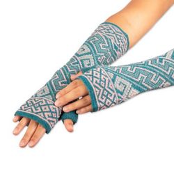 Andean Inspiration,'Turquoise 100% Baby Alpaca Unisex Knit Fingerless Mitts'