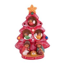 Birth Beneath the Red Tree,'Ceramic Christmas Nativity Scene in Red from Peru'