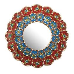 Colorful Arrangement,'Glass and Wood Wall Mirror with Painted Flowers'
