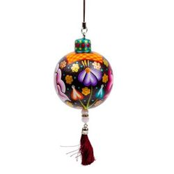 'Hand-Painted Floral Copal Wood Ornament in Colorful Hues'
