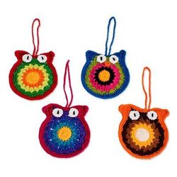 Festive Owls,'Artisan Hand-Crocheted Ornaments (set of 4)'