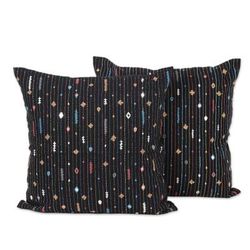 Little Universes,'Pair of Handcrafted Black Embroidered Cotton Cushion Covers'