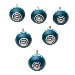 Teal Essence,'Set of Six Handcrafted Striped Teal and White Ceramic Knobs'