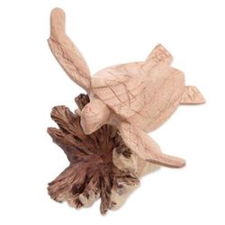 Swimming Turtle,'Jempinis and Benalu Wood Sea Turtle Figurine from Bali'