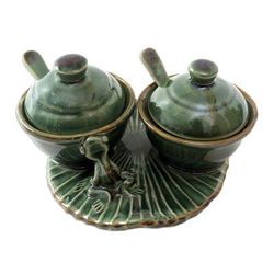 Frog and Leaf,'Hand Made Ceramic Condiment Set with Frog Motif (5 Pcs)'
