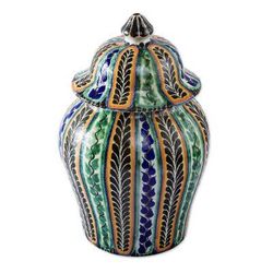 Moorish Ferns,'Multicolor Moorish Fern Motif Talavera Style Ginger Jar'