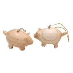 Chubby Piggies,'Pair of Wood Pig Ornaments Hand-Carved in Bali'