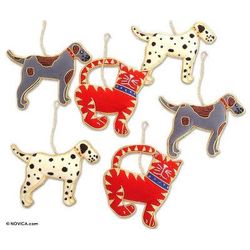 Dogs and Cats,'Hand Beaded Christmas Ornaments (Set of 6)'