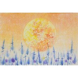 'My Home II' Watercolor Monoprint of Blood Moon and Blue Grass