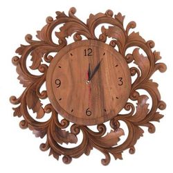Time to Blossom,'Hand-carved Wood Wall Clock from Bali'
