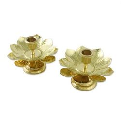 Luminous Lotus,'Brass Thai Lotus Blossom Candlesticks for Tapers (Pair)'