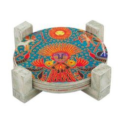 Round Huichol,'Four Round Multicolored Mexican Pinewood Decoupage Coasters'