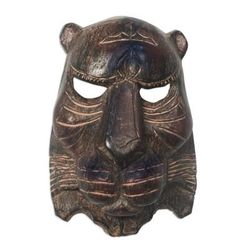 Watchful Wild Cat,'Artisan Carved Sese Wood Wild Cat Mask from Ghana'