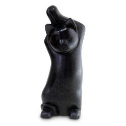 Wood sculpture, 'Black Cat Stretch'