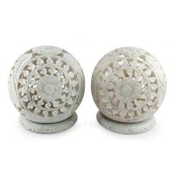 'World is a Flower' (pair) - Hand Carved Jali Soapstone Candle Holders