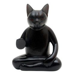 Black Cat Meditates,'Wood Statuette of Black Cat Meditating'