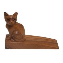 Helpful Kitten in Brown,'Handcrafted Suar Wood Cat Doorstop in Brown from Bali'