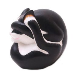 Black and White Yogi Cat,'Black and White Wood Yoga Cat Sculpture from Bali'