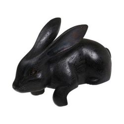 Curious Rabbit in Black,'Handcrafted Suar Wood Rabbit Sculpture in Black from Bali'