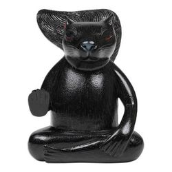 'Hand-Carved Wood Sculpture of Meditating Squirrel in Black'